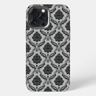 Rococo Damast Patroon Zwart op Grijs iPhone 13 Pro Max Hoesje