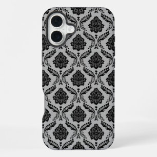 Rococo Damast Patroon Zwart op Grijs iPhone 16 Plus Hoesje