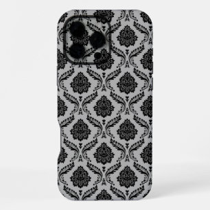 Rococo Damast Patroon Zwart op Grijs iPhone 16 Pro Max Hoesje