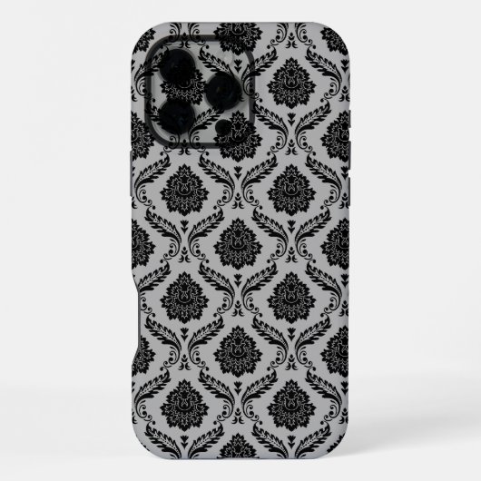 Rococo Damast Patroon Zwart op Grijs iPhone Hoesje (Achterkant)