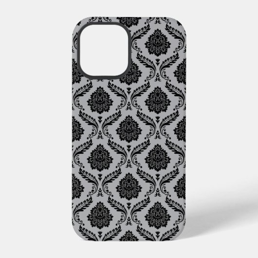 Rococo Damast Patroon Zwart op Grijs iPhone Hoesje (Achterkant)