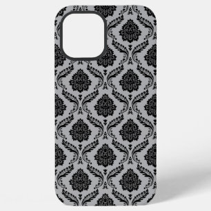 Rococo Damast Patroon Zwart op Grijs iPhone 12 Pro Max Hoesje