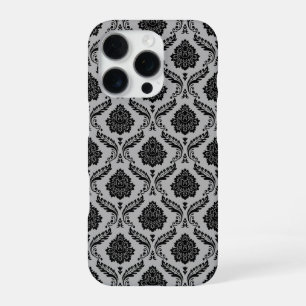 Rococo Damast Patroon Zwart op Grijs iPhone 16 Pro Hoesje