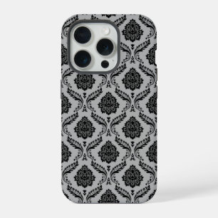 Rococo Damast Patroon Zwart op Grijs iPhone 15 Pro Case