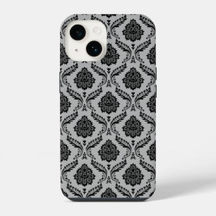 Rococo Damast Patroon Zwart op Grijs iPhone 14 Hoesje
