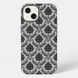 Rococo Damast Patroon Zwart op Grijs iPhone 13 Hoesje