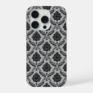 Rococo Damast Patroon Zwart op Grijs iPhone 15 Pro Case