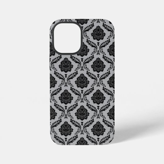 Rococo Damast Patroon Zwart op Grijs iPhone Hoesje (Achterkant)