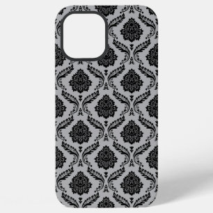 Rococo Damast Patroon Zwart op Grijs iPhone 12 Pro Max Hoesje