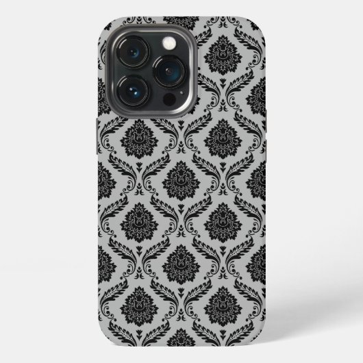 Rococo Damast Patroon Zwart op Grijs iPhone Hoesje (Achterkant)