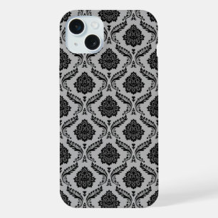 Rococo Damast Patroon Zwart op Grijs iPhone 15 Plus Case