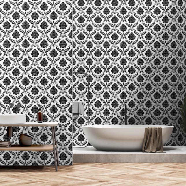 Rococo Damast Patroon Zwart op Wit Behang (Badkamer)