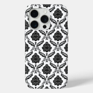 Rococo Damast Patroon Zwart op Wit iPhone 15 Pro Case