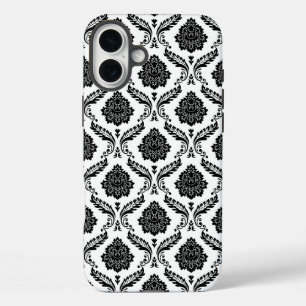 Rococo Damast Patroon Zwart op Wit iPhone 16 Plus Hoesje