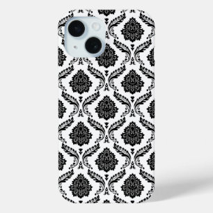 Rococo Damast Patroon Zwart op Wit iPhone 15 Case