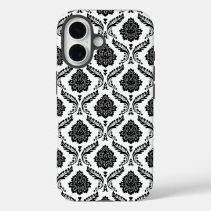 Rococo Damast Patroon Zwart op Wit iPhone 16 Hoesje