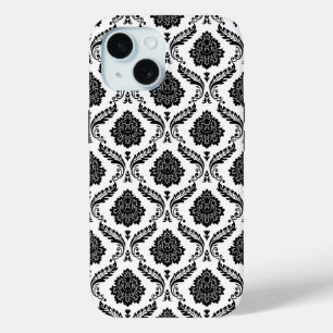 Rococo Damast Patroon Zwart op Wit iPhone 15 Case