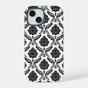 Rococo Damast Patroon Zwart op Wit iPhone 15 Case