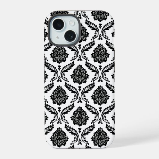 Rococo Damast Patroon Zwart op Wit iPhone 15 Case (Achterkant)