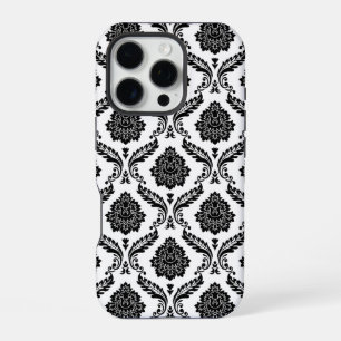 Rococo Damast Patroon Zwart op Wit iPhone 16 Pro Hoesje