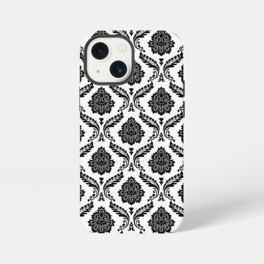 Rococo Damast Patroon Zwart op Wit iPhone Hoesje (Achterkant)