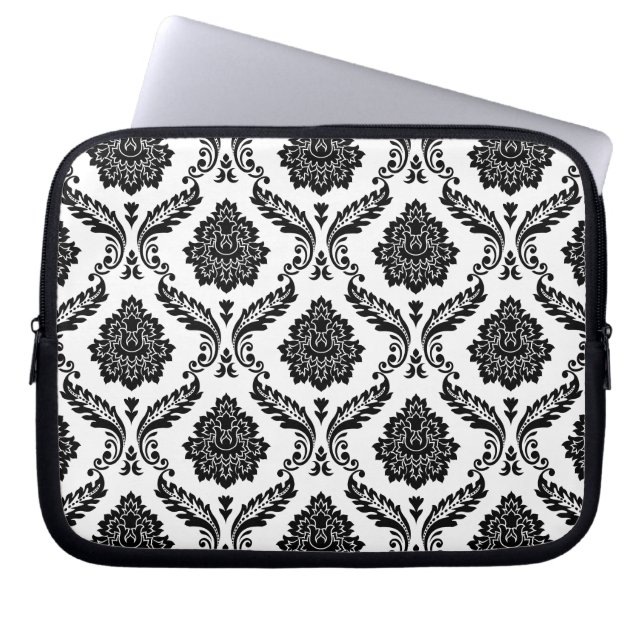 Rococo Damast Patroon Zwart op Wit Laptop Sleeve (Voorkant)
