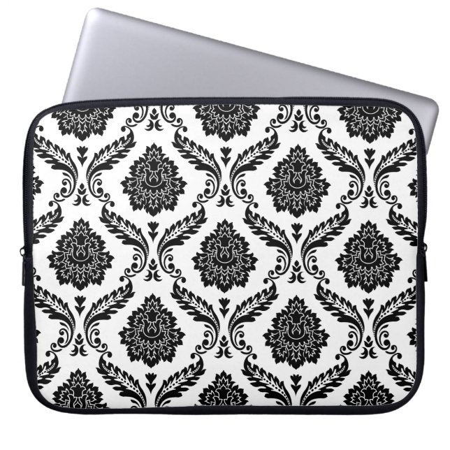 Rococo Damast Patroon Zwart op Wit Laptop Sleeve (Voorkant)