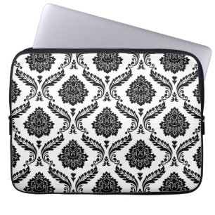 Rococo Damast Patroon Zwart op Wit Laptop Sleeve