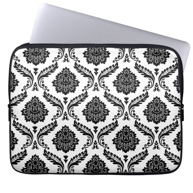 Rococo Damast Patroon Zwart op Wit Laptop Sleeve (Voorkant)