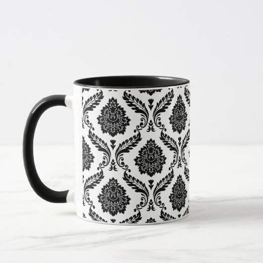 Rococo Damast Patroon Zwart op Wit Mok (Links)