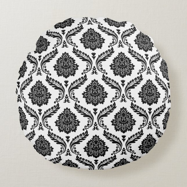 Rococo Damast Patroon Zwart op Wit Rond Kussen (Voorkant)