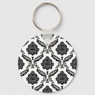 Rococo Damast Patroon Zwart op Wit Sleutelhanger