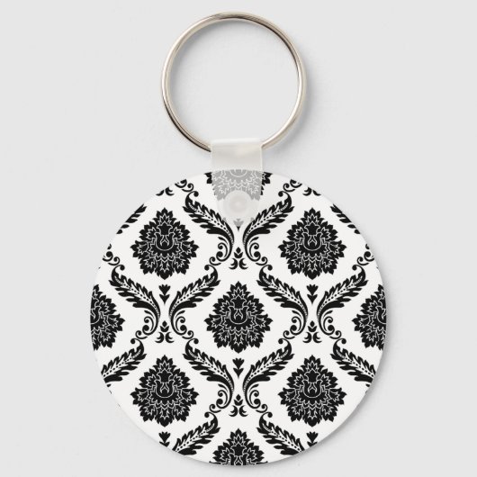 Rococo Damast Patroon Zwart op Wit Sleutelhanger (Voorkant)