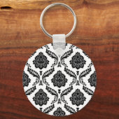 Rococo Damast Patroon Zwart op Wit Sleutelhanger (Achterkant)