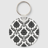 Rococo Damast Patroon Zwart op Wit Sleutelhanger (Achterkant)
