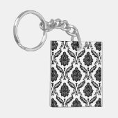 Rococo Damast Patroon Zwart op Wit Sleutelhanger (Voorkant Links)
