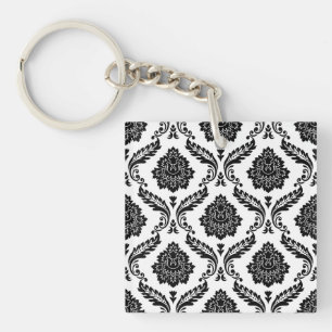 Rococo Damast Patroon Zwart op Wit Sleutelhanger