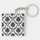 Rococo Damast Patroon Zwart op Wit Sleutelhanger (Achterkant)