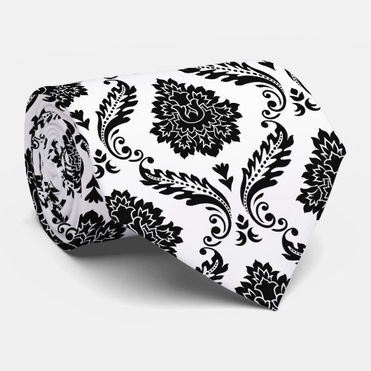 Rococo Damast Patroon Zwart op Wit Stropdas (Opgerold)