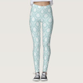 Rococo Damast Rpt Patroon Wit op Eendenei Blauw Leggings (Voorkant)