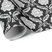 Rococo Damast Rpt Patroon Wit op Zwart Cadeaupapier (Rol Hoek)