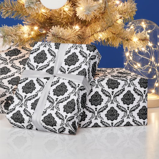 Rococo Damast Rpt Patroon Zwart op Wit Cadeaupapier (Feestdagen)