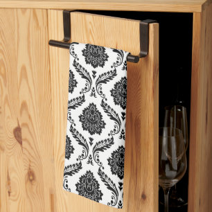 Rococo Damast Rpt Patroon Zwart op Wit Theedoek