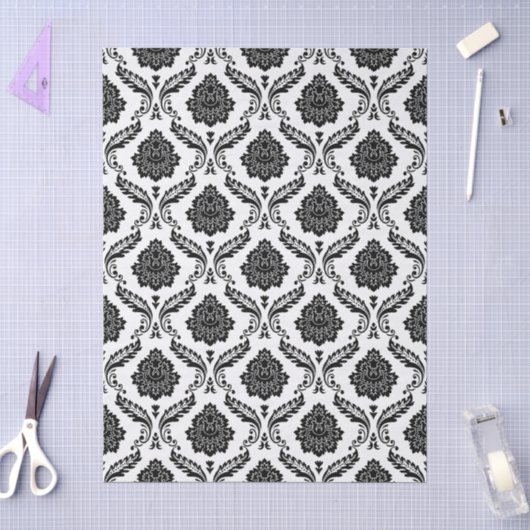 Rococo Damast Rpt Patroon Zwart op Wit Tissuepapier (Craft)