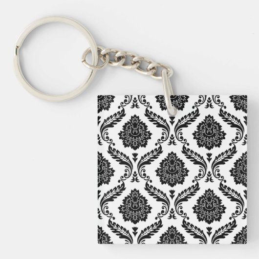 Rococo Damastpatroon Zwart op Wit Sleutelhanger (voorkant)