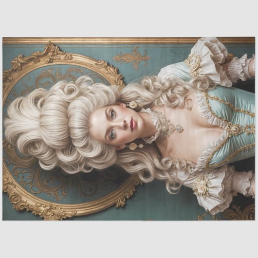 Rococo Duchess in Teal and Gold Decoupage Paper Tissuepapier (Voorkant)