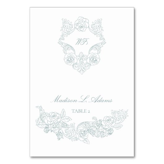 Rococo Dusty Blue Elegant Foldable Name Place Card Kaart (Voorkant)