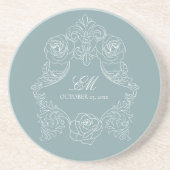 Rococo Dusty Blue Wedding Logo Crest Zandsteen Onderzetter (Voorkant)