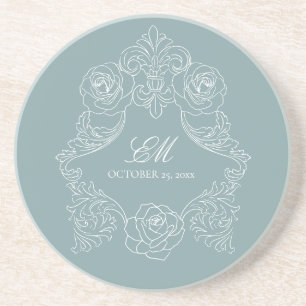 Rococo Dusty Blue Wedding Logo Crest Zandsteen Onderzetter
