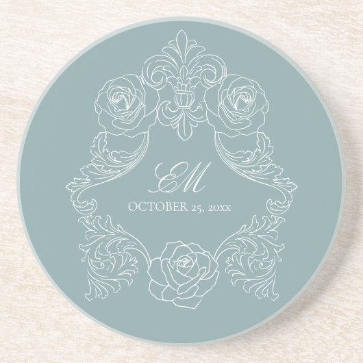 Rococo Dusty Blue Wedding Logo Crest Zandsteen Onderzetter (Voorkant)
